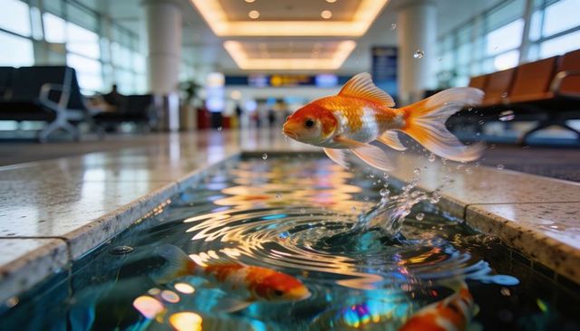 Leaping orange-and-white goldfish splashing in airport water channel, iridescent ripples