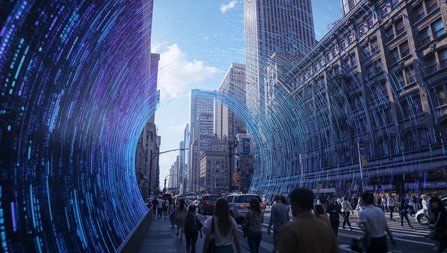Futuristic Blue Holographic Tunnel Arching Over Downtown Avenue Illuminating Pedestrians