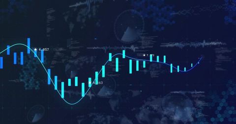 Cyan Candlestick Chart with Neon Trend Line on Dark Global Trading Dashboard Analytics