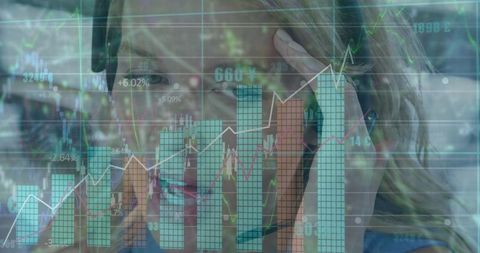 Businesswoman with headset analyzing financial data digital overlay
