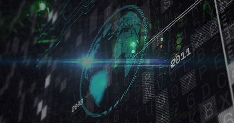 Rotating cyan-green digital Earth in futuristic HUD data visualization with neon nodes