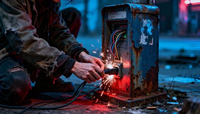 Crouching man sparking power cable at rusted electrical box in neon wet alley at night