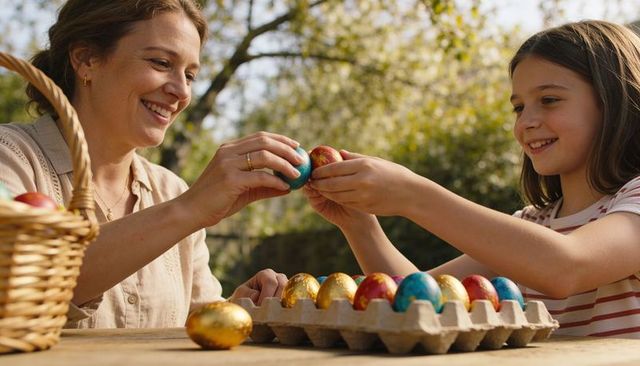 Mother and daughter exchanging colorful decorated easter eggs outdoors in sunlit garden