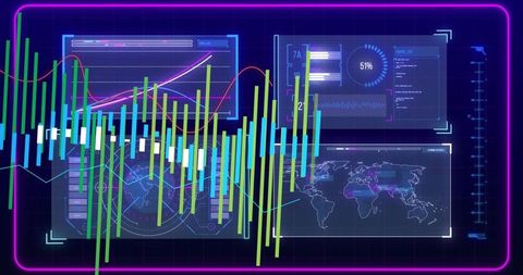 Interactive neon hud showing financial analytics dashboard with candlesticks and world map