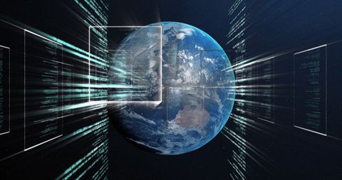 Earth in space with streaming digital code and interface frames