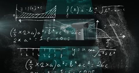 Surveillance camera with mathematical equations in futuristic setting