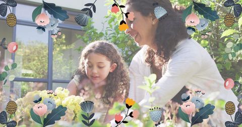 Caucasian Mother and Daughter Gardening with Floral Frame