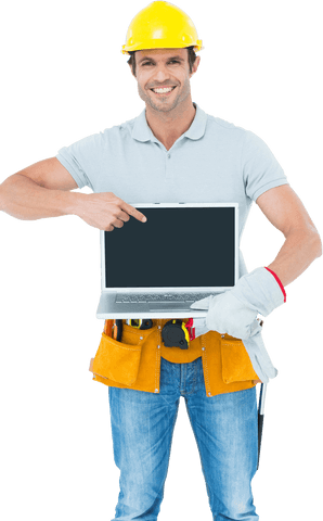 smiling carpenter holding laptop with blank screen on transparent background - Download Free Stock Videos Pikwizard.com