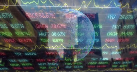 Global Stock Market Data Overlaid on Cityscape