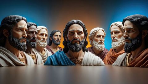 Classical busts of jesus' disciples in studio with reflections
