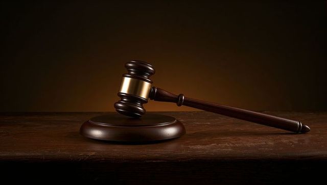 Walnut judge gavel resting on round sound block with brass band in low-key lighting