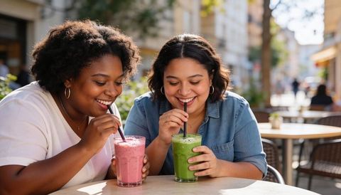 Friends enjoying colorful smoothies at outdoor cafe, laughing over green and pink drinks