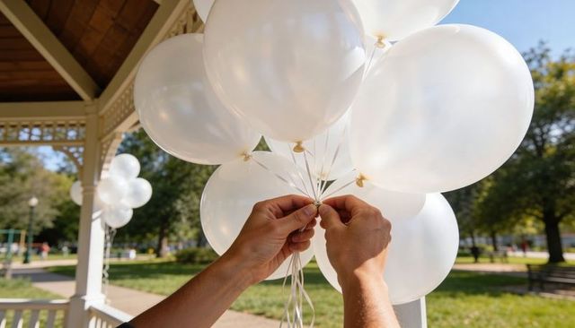 Tying white balloons under gazebo for outdoor celebration decoration on sunny park lawn