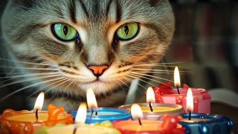 Curious Cat Exploring Scented Candle Flames on Table
