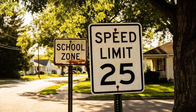 Rusty school zone and speed limit 25 signs marking serene suburban street at golden hour