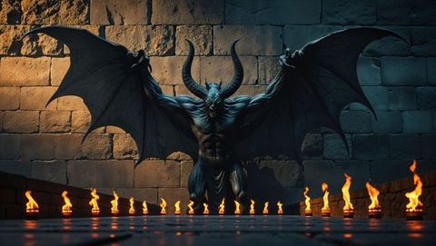 Demonic statue with bat wings in gothic chamber