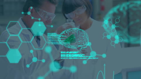 Scientists Analyzing Digital Brain with Data Overlay