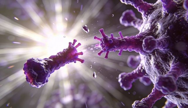 Backlit violet coronavirus-like virion releasing spike fragment with dramatic lens flare