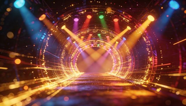 Futuristic glowing tunnel runway with multicolor spotlights, neon particle trails and portal