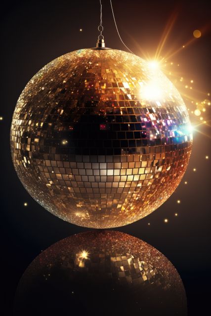 Bottom decorative portion showing gold disco ball reflecting light, creating a festive and glamorous ambiance. Ideal for party invitations, nightclub promotions, dance-themed advertisements, or celebration posters, capturing essence of nightlife and entertainment.
