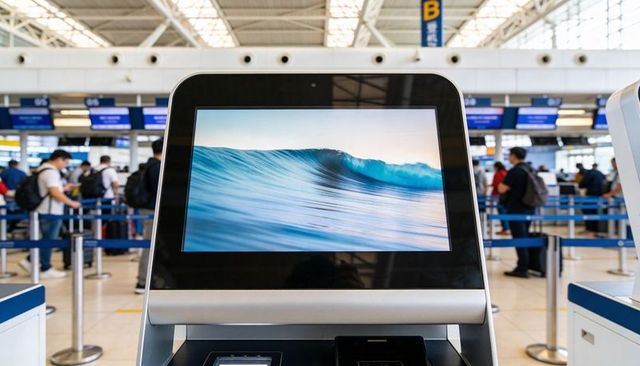 Airport self-service kiosk displaying ocean scene at busy check-in with passengers