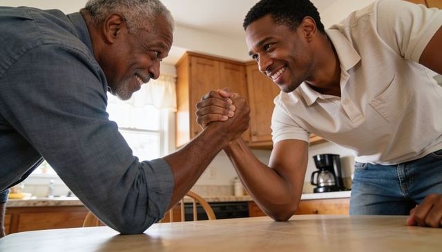 Father and son arm-wrestling in bright kitchen sharing playful bonding and friendly competition