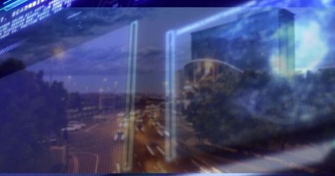 Futuristic Urban Scene with Holographic Digital Displays and City Lights