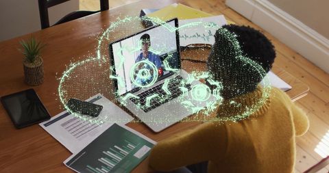 Businesswoman Video Conferencing with Futuristic Cloud Technology Overlay