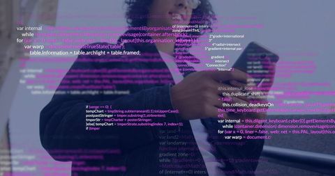 Hooded Developer Holding Smartphone Viewing Neon Purple Code Overlay and Digital Interface