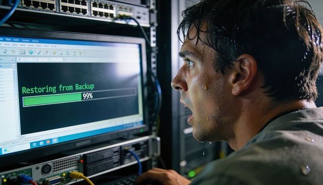 Tense IT technician sweating while restoring server backup at 99% in datacenter