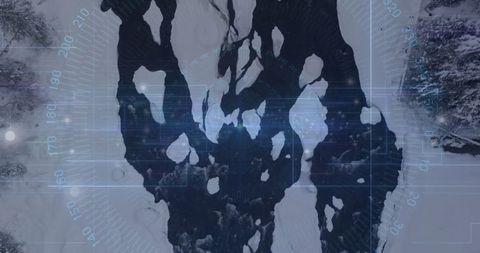 Aerial view of winter landscape with snow river and forest