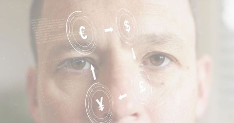 Mature man holding gaze with holographic currency HUD for fintech and digital finance