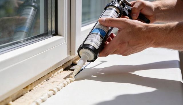 Applying expanding foam sealant to window sill for energy efficient sealing and insulation
