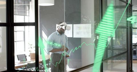 Businessman Wearing VR Headset Navigating Virtual Financial Data