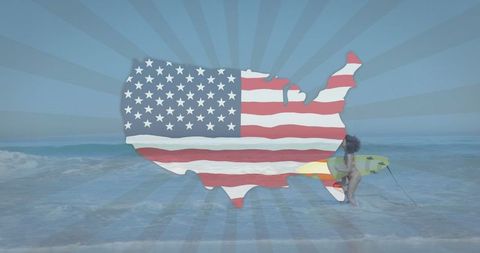American Flag Map Overlay on Surfing Beach Scene for Patriotism Concept