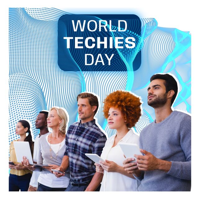 Group of diverse individuals enthusiastically engaging with digital devices in front of a modern, abstract blue 3D pattern signifies global celebration of World Techies Day. Highlighting importance of technology in society, this can be used in promotional materials, social media campaigns, and educational content related to celebrations, technology awareness, and team building in the tech industry.