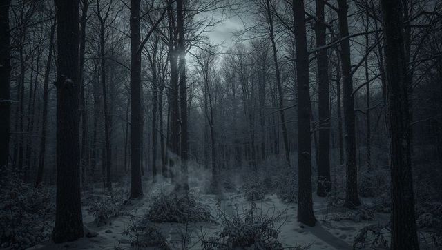 Moonlit Winter Forest Casting Long Shadows, Mist Rising Among Bare Trees at Night