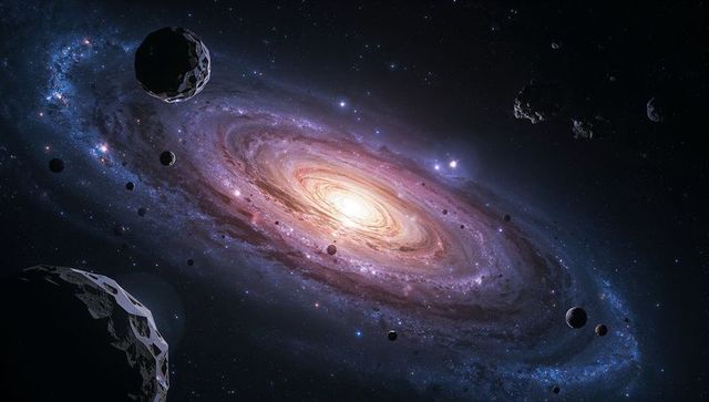 Spiral galaxy with luminous core surrounded by asteroids in cosmic space