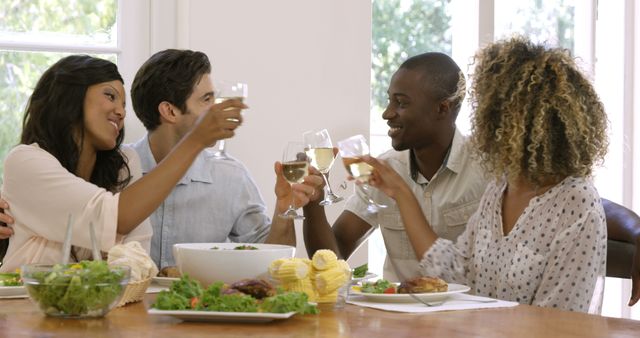 Diverse Friends Enjoying Meal, Toasting with Wine Glasses - Download Free Stock Images Pikwizard.com