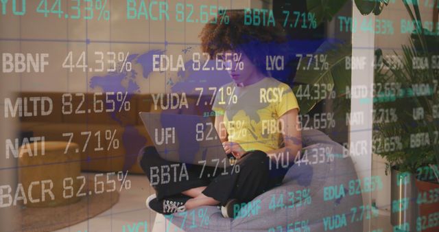 Businesswoman Analyzing Financial Data on Laptop with Stock Ticker Overlay - Download Free Stock Images Pikwizard.com