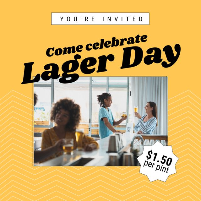 Multiracial friends enjoying lager in restaurant and you're invited come celebrate lager day text. Composite, 1. 50 dollar per pint, togetherness, beer, alcohol and celebration concept.