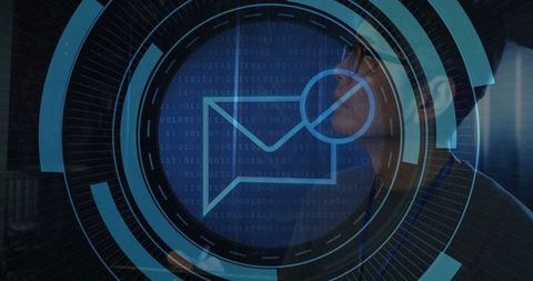 Technician Monitoring Servers with Futuristic Digital Interface Overlay