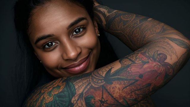 Close-up portrait of smiling woman showcasing colorful full-arm tattoo and radiant skin
