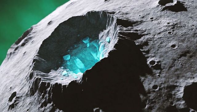 Glowing turquoise crystal crater on asteroid with emerald nebula backdrop, ice-filled basin
