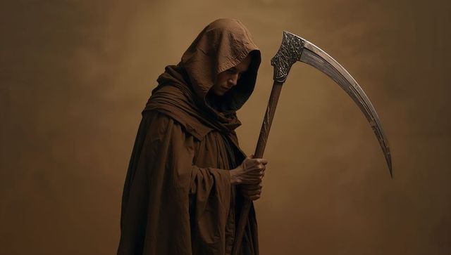 Mysterious hooded figure holding scythe in dramatic lighting