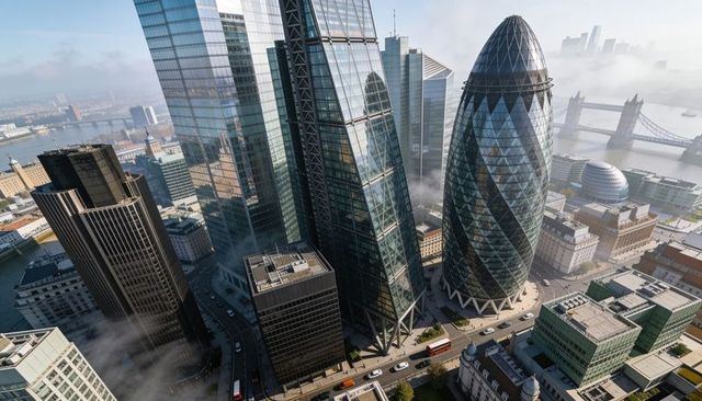 Rising glass skyscrapers featuring egg-shaped gherkin tower over river thames, red buses