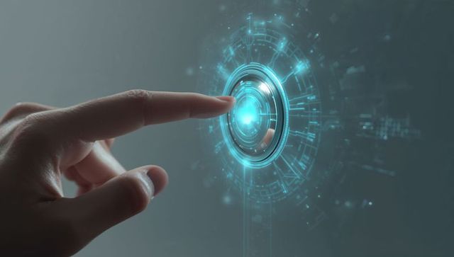 Fingertip Tapping Futuristic Holographic Interface with Blue Circular HUD Glow