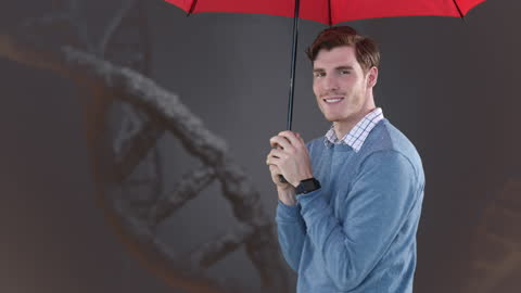 Man Holding Red Umbrella Over DNA Structure Backdrop