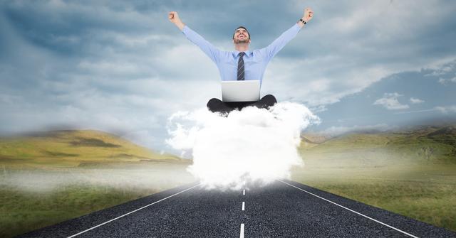 Businessman sitting on a cloud with a laptop, celebrating on an open road. Represents concepts such as success, innovation, dreaming, technology, and freedom. Suitable for business promotions, tech advertisements, motivational posters, and success stories.
