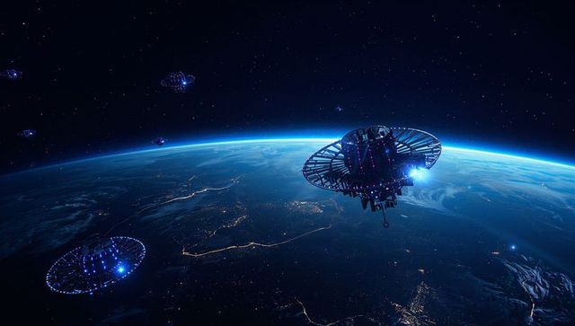 Futuristic spacecraft fleet orbiting earth with illuminated cities